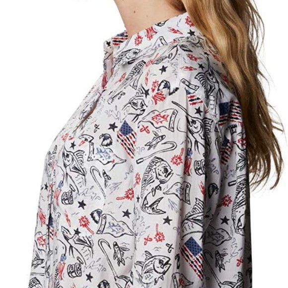 🆕Columbia Women's Slack Water Woven LS Shirt, White Americana Fishing Print,NWT - Picture 3 of 7